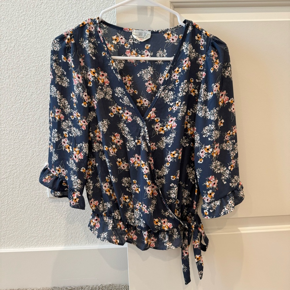 Worn once! Sienna Sky Floral Faux Wrap Peplum Waist Blouse